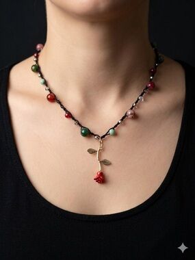 Handmade Rose Pendant Crochet Necklace | Dyed Agate & Glass Beads Adjustable 20”
